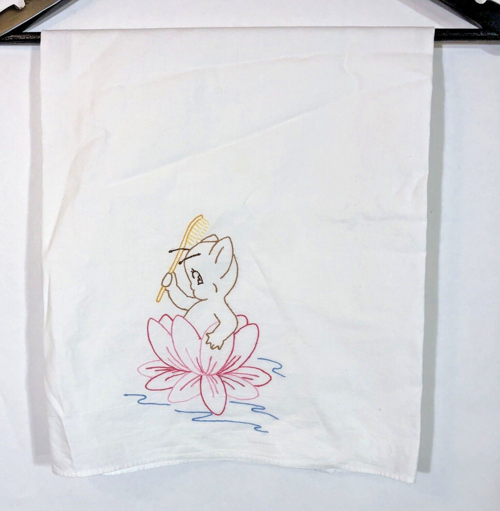 Vintage Tea Towel Embroidered Baby Nymph and Waterlily Bathing Retro Pixie Fairy